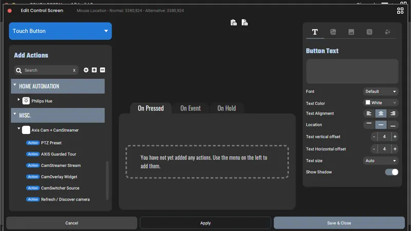 Screenshot of Touch Portal Axis Cam PTZ CamStreamer Plugin
