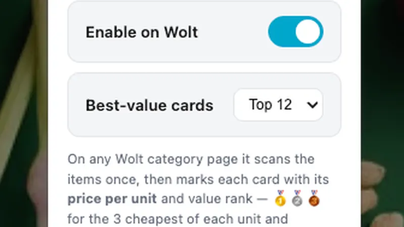 Screenshot of Value Rank for Wolt Firefox Extension