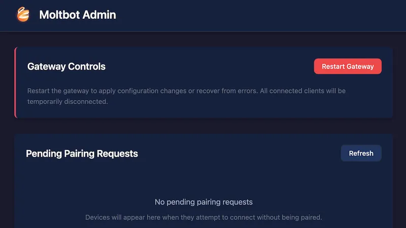 Moltbot Admin console showing gateway controls and pending pairing requests